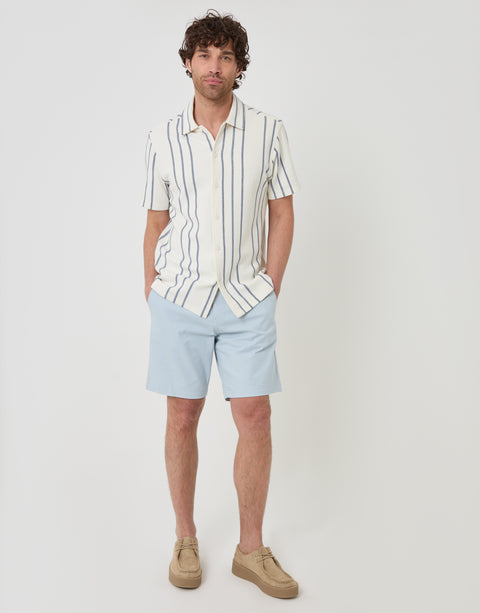 Threadbare Stripe Plisse Rib Short Sleeve Shirt in Cream - full body