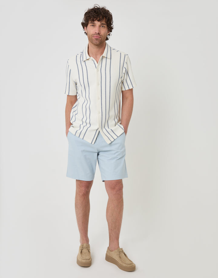 Threadbare Stripe Plisse Rib Short Sleeve Shirt in Cream - full body