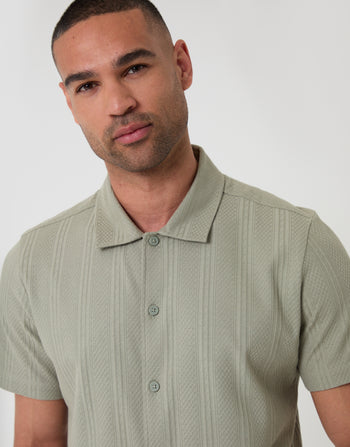 Threadbare Knitted Cotton Blend Short Sleeve Shirt in Sage Green - chest detail view