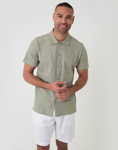 Threadbare Knitted Cotton Blend Short Sleeve Shirt in Sage Green - front view