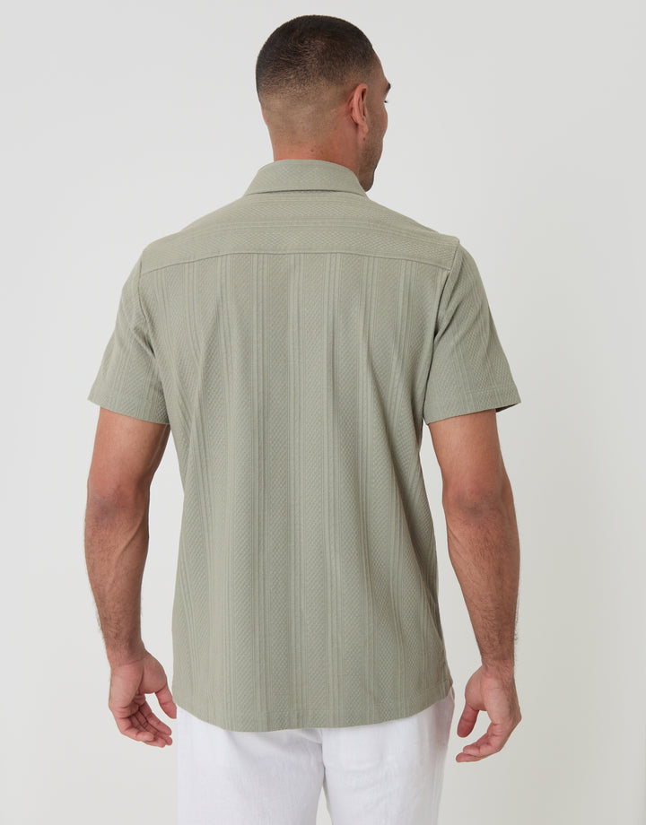 Threadbare Knitted Cotton Blend Short Sleeve Shirt in Sage Green - back view