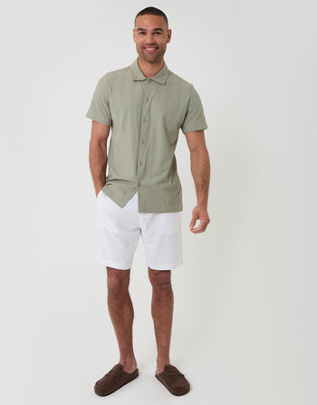 Threadbare Knitted Cotton Blend Short Sleeve Shirt in Sage Green - full outfit view