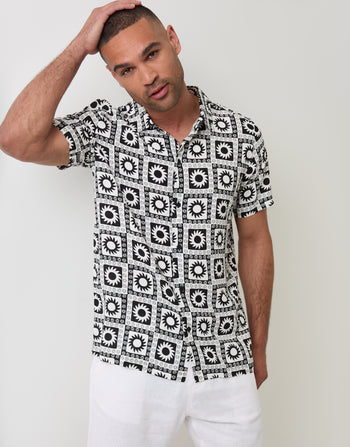 Threadbare Geometric Sun Print Short Sleeve Shirt in Black - Front View