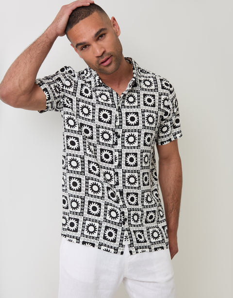 Threadbare Geometric Sun Print Short Sleeve Shirt in Black - Front View