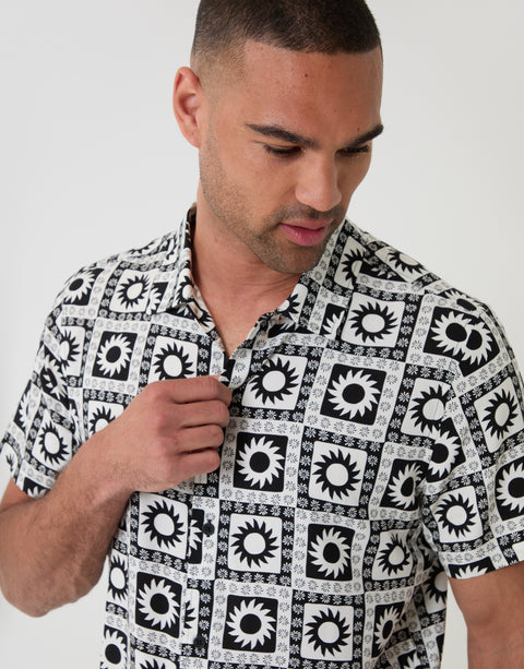 Threadbare Geometric Sun Print Short Sleeve Shirt in Black - Close View