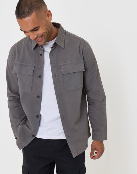 Threadbare Cotton Patch Pocket Shacket in Slate Grey - front view unbuttoned