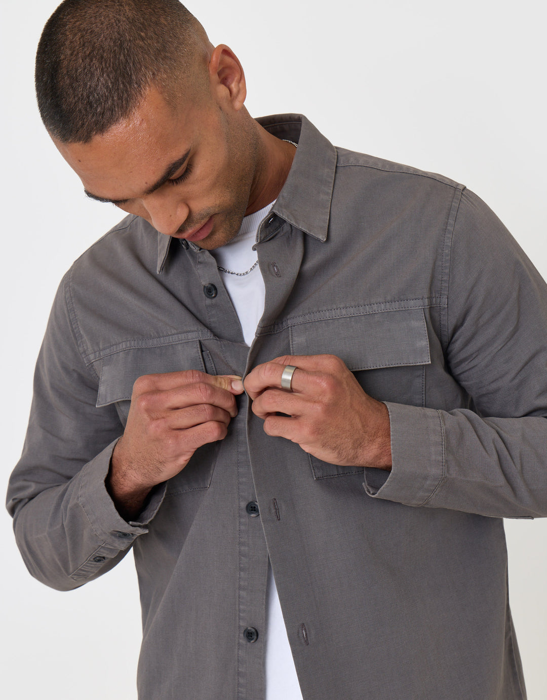 Threadbare Cotton Patch Pocket Shacket in Slate Grey - front view unbuttoning