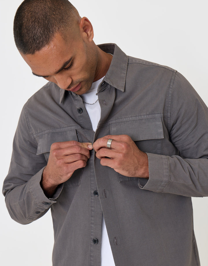 Threadbare Cotton Patch Pocket Shacket in Slate Grey - front view unbuttoning