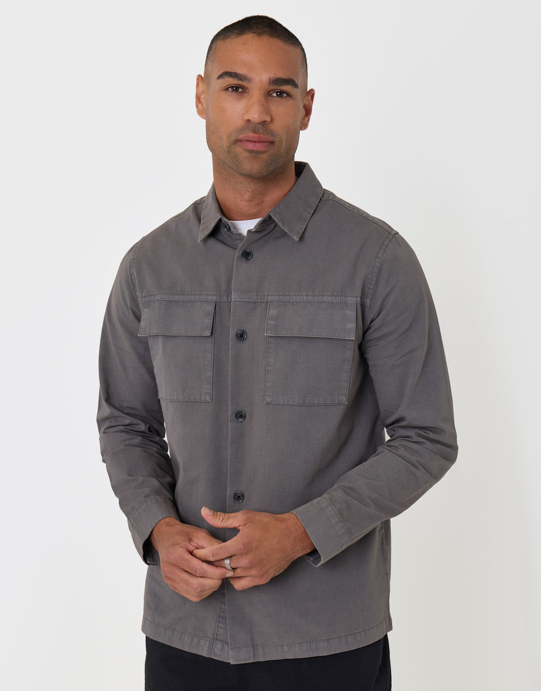 Threadbare Cotton Patch Pocket Shacket in Slate Grey - front button up