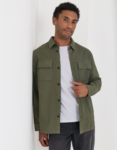 Threadbare Cotton Patch Pocket Shacket in Olive Green - front view