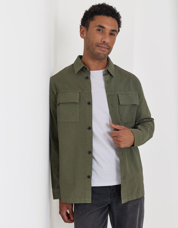 Threadbare Cotton Patch Pocket Shacket in Olive Green - front view