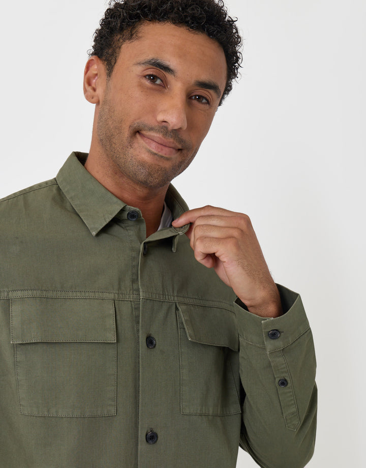 Threadbare Cotton Patch Pocket Shacket in Olive Green - close up