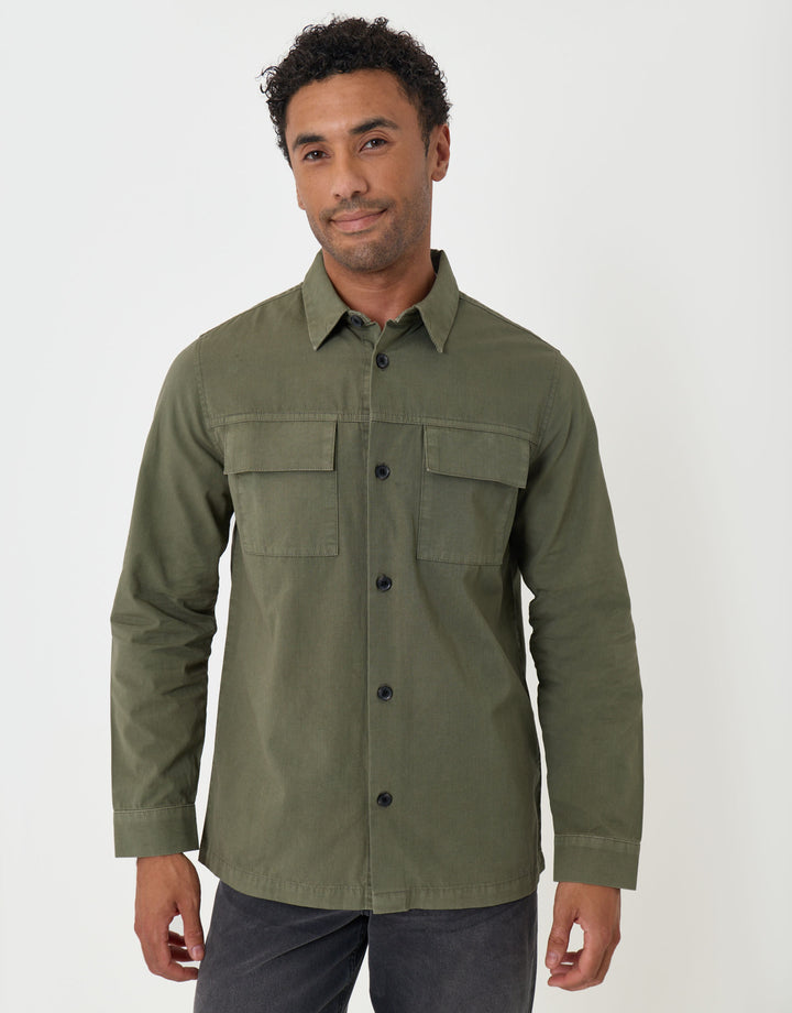 Threadbare Cotton Patch Pocket Shacket in Olive Green - front view buttoned up