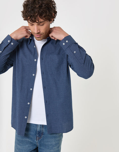 Threadbare Relaxed Fit Cotton Seersucker Shirt in Navy Check - front view