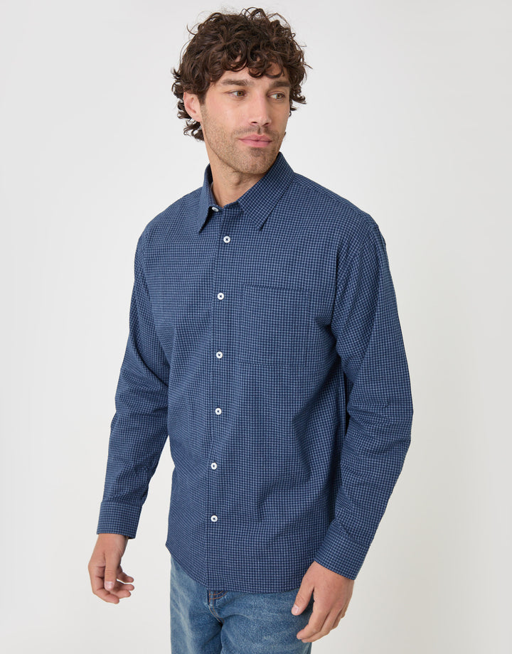 Threadbare Relaxed Fit Cotton Seersucker Shirt in Navy Check - front view button up