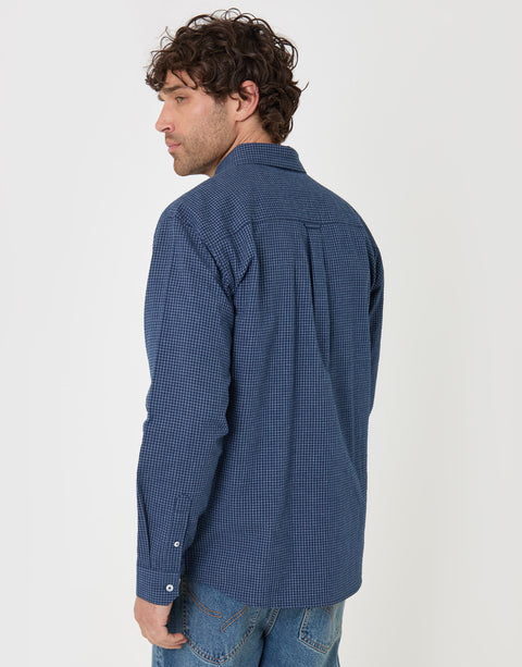 Threadbare Relaxed Fit Cotton Seersucker Shirt in Navy Check - back view