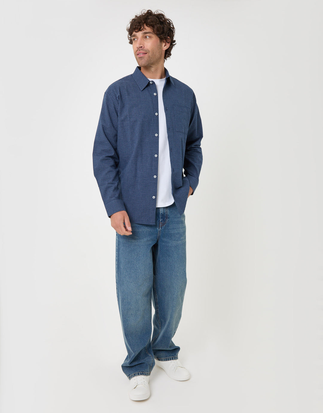 Threadbare Relaxed Fit Cotton Seersucker Shirt in Navy Check - full body