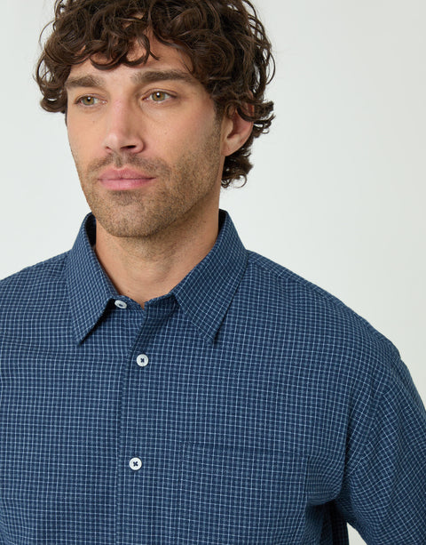 Threadbare Relaxed Fit Cotton Seersucker Shirt in Navy Check - close up