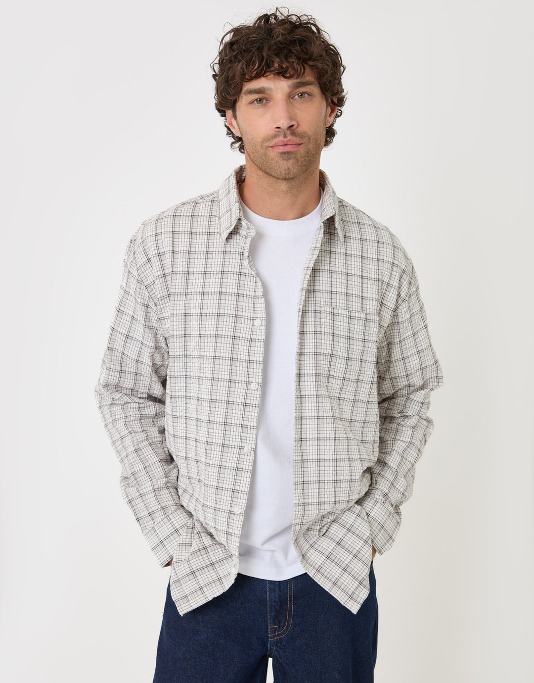 Threadbare Relaxed Fit Cotton Seersucker Shirt in Ecru Check - front view