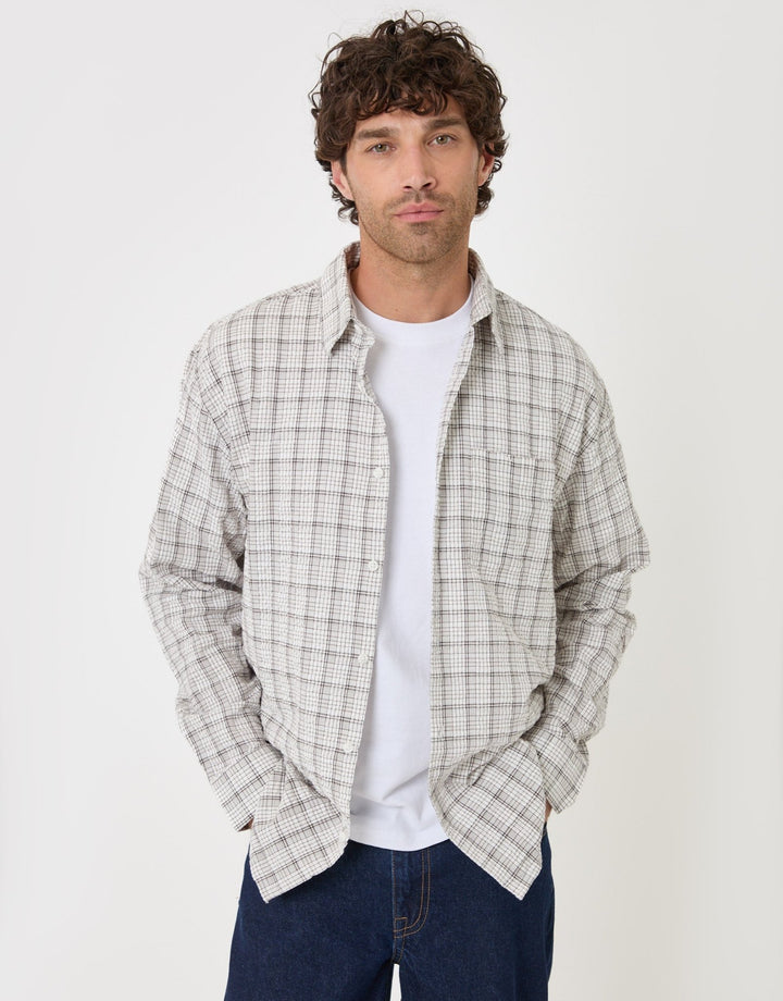 Threadbare Relaxed Fit Cotton Seersucker Shirt in Ecru Check - front view