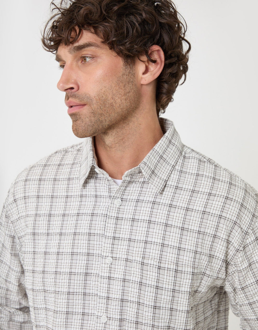 Threadbare Relaxed Fit Cotton Seersucker Shirt in Ecru Check - close up
