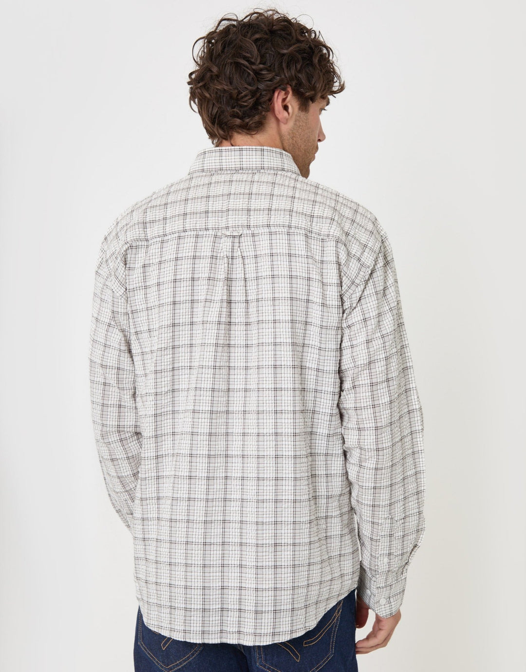 Threadbare Relaxed Fit Cotton Seersucker Shirt in Ecru Check - back view