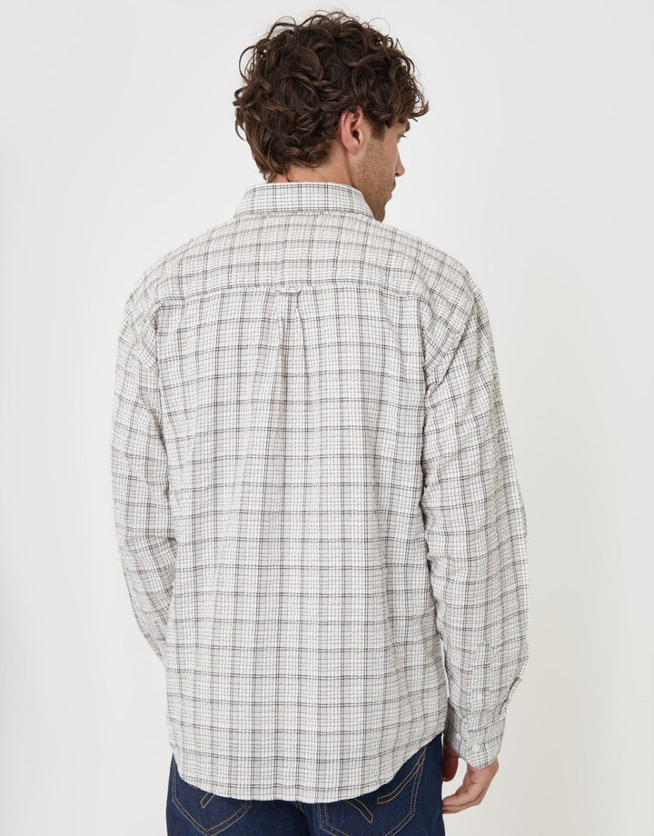 Threadbare Relaxed Fit Cotton Seersucker Shirt in Ecru Check - back view
