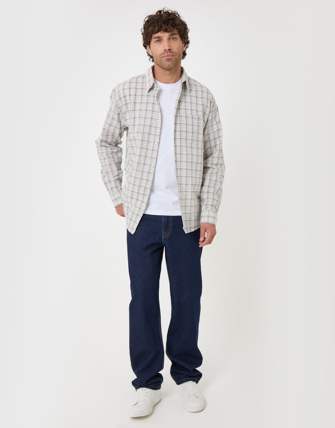 Threadbare Relaxed Fit Cotton Seersucker Shirt in Ecru Check - full body