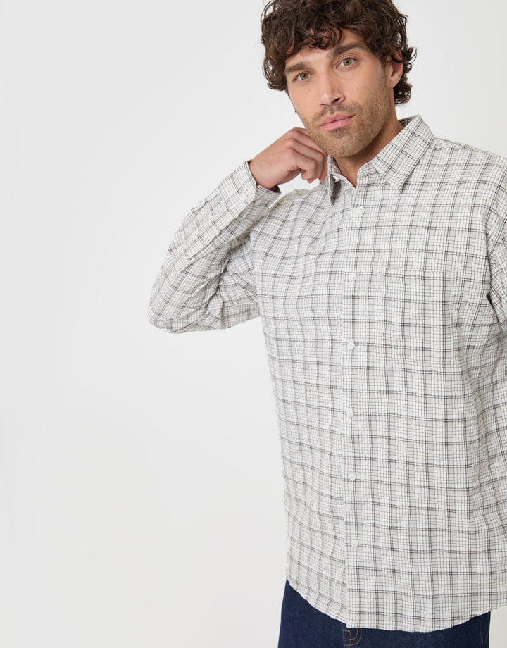 Threadbare Relaxed Fit Cotton Seersucker Shirt in Ecru Check - side view