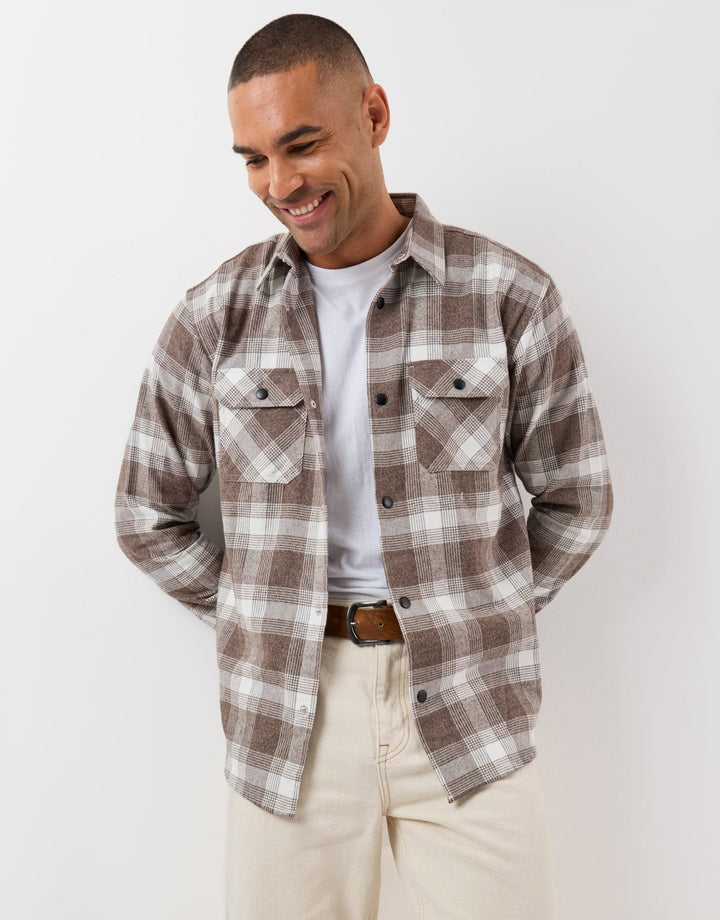 Threadbare Relaxed Fit Cotton Patch Pocket Shirt in Chocolate Brown Check - front view open