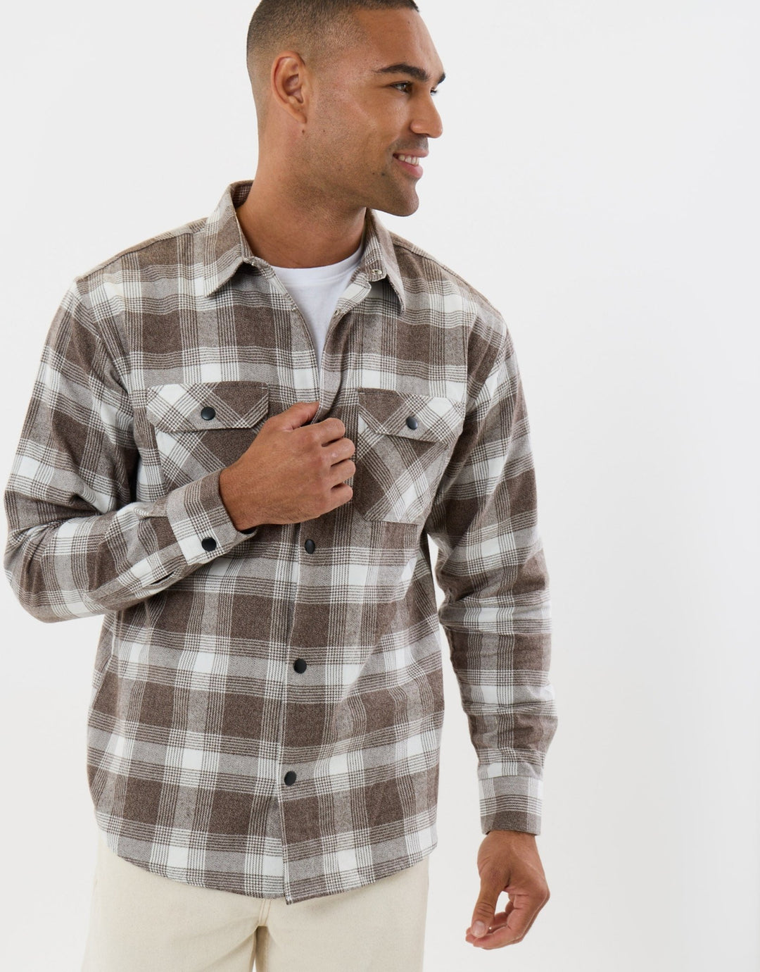 Threadbare Relaxed Fit Cotton Patch Pocket Shirt in Chocolate Brown Check - front view