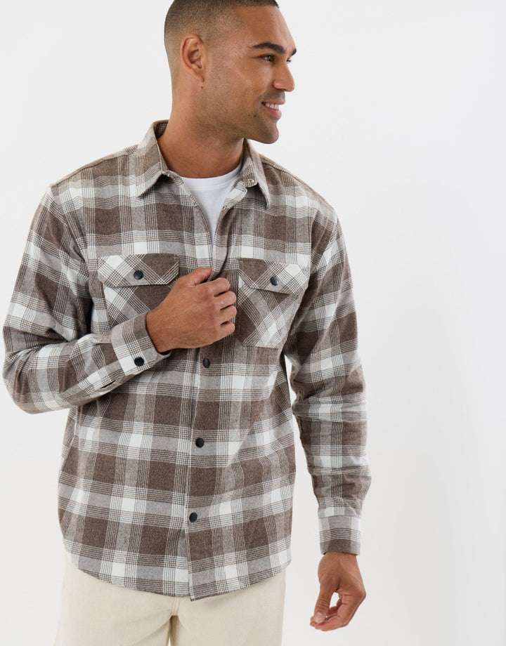 Threadbare Relaxed Fit Cotton Patch Pocket Shirt in Chocolate Brown Check - front view