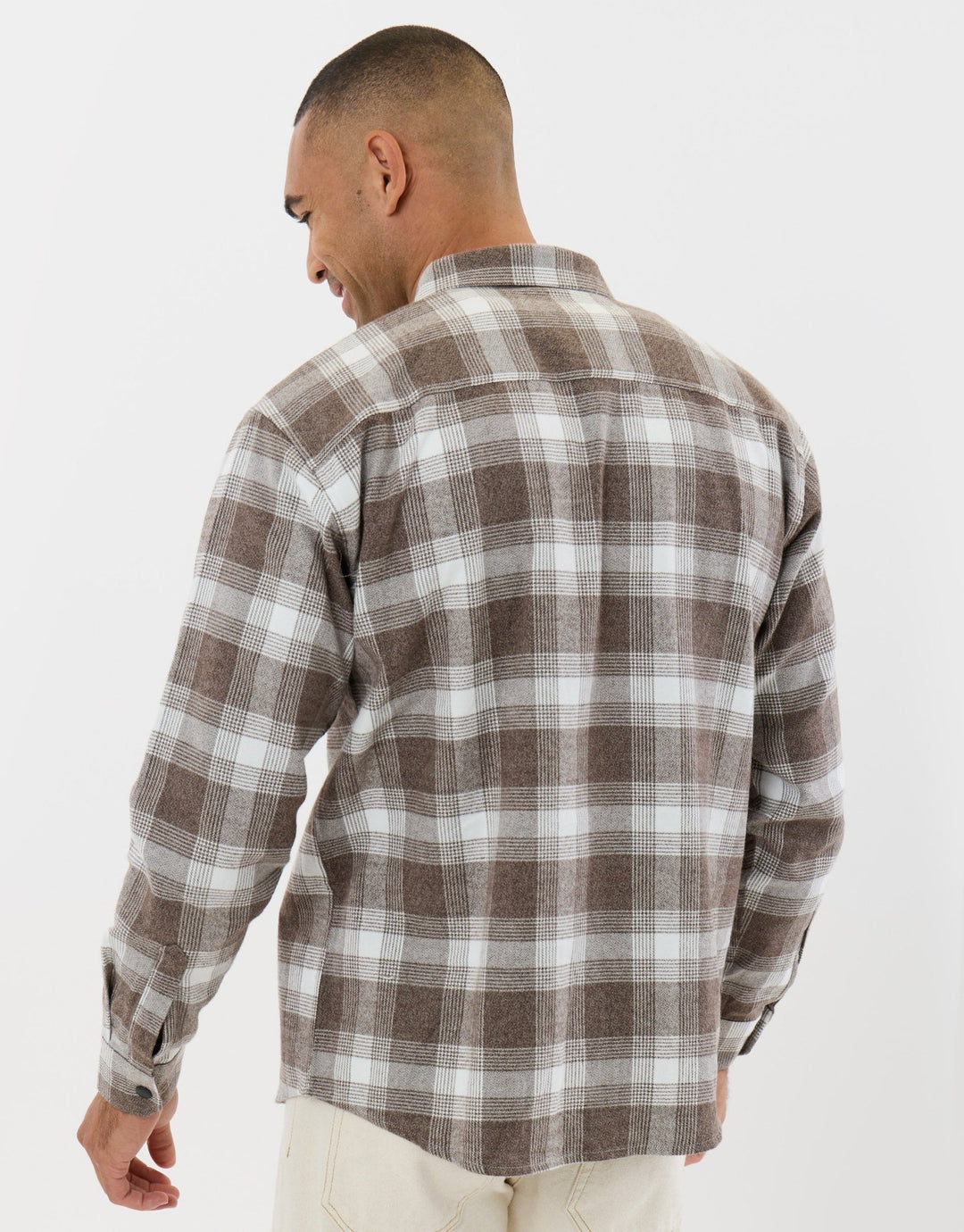 Threadbare Relaxed Fit Cotton Patch Pocket Shirt in Chocolate Brown Check - back view