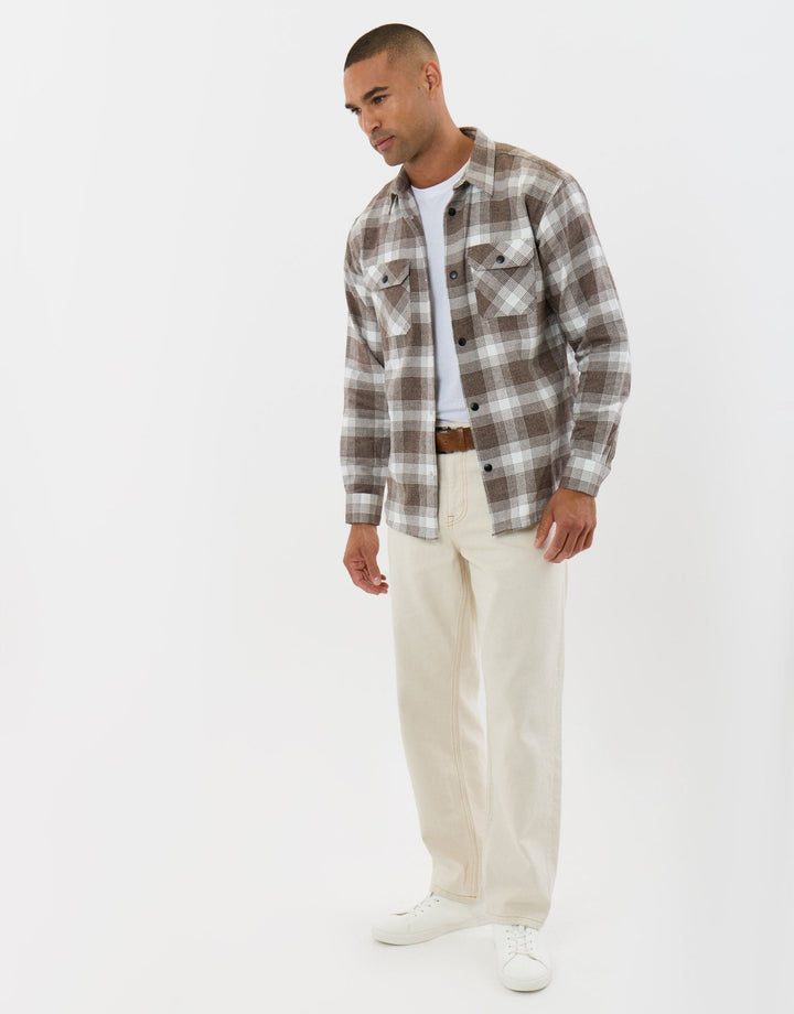 Threadbare Relaxed Fit Cotton Patch Pocket Shirt in Chocolate Brown Check - full body