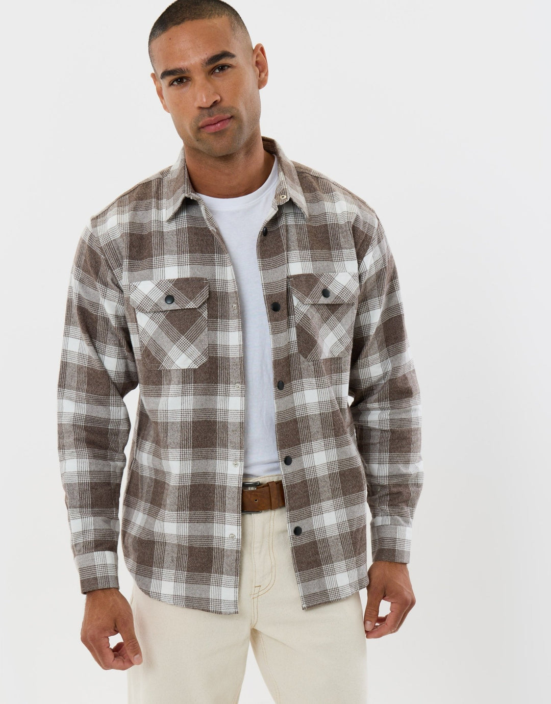 Threadbare Relaxed Fit Cotton Patch Pocket Shirt in Chocolate Brown Check - front view
