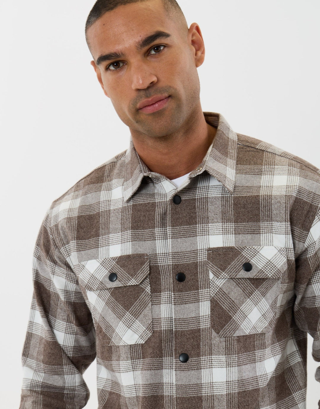 Threadbare Relaxed Fit Cotton Patch Pocket Shirt in Chocolate Brown Check - close up