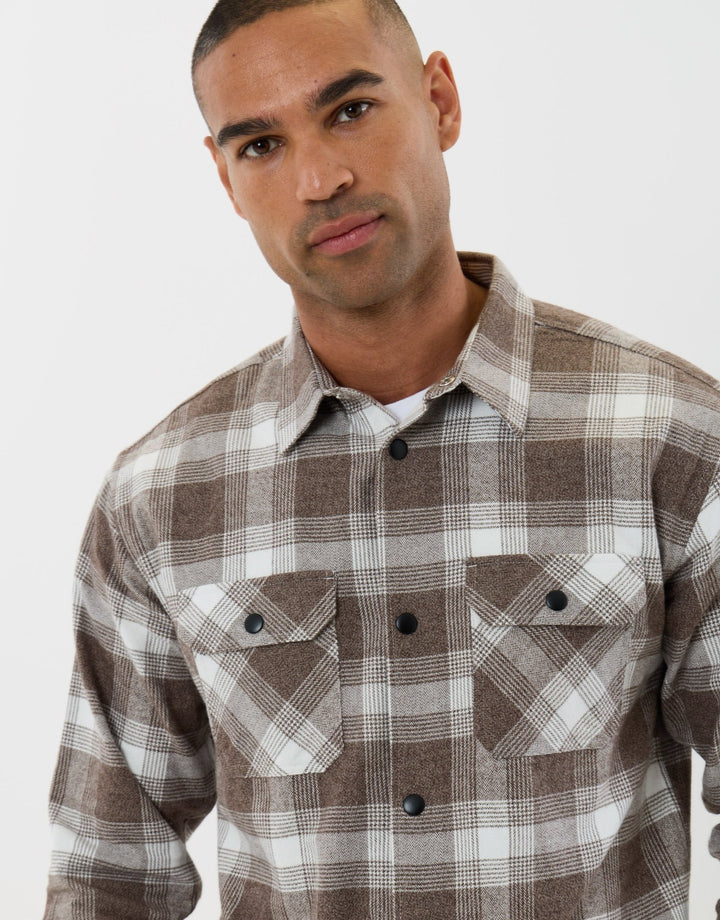 Threadbare Relaxed Fit Cotton Patch Pocket Shirt in Chocolate Brown Check - close up