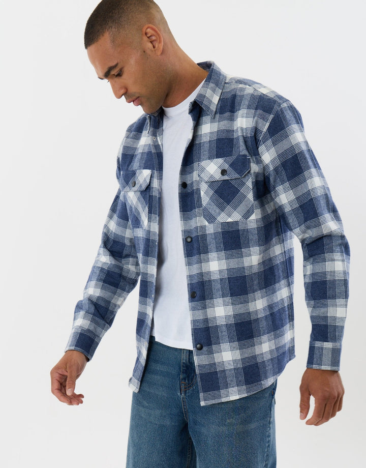 Threadbare Relaxed Fit Cotton Patch Pocket Shirt in Denim Blue Check - side view