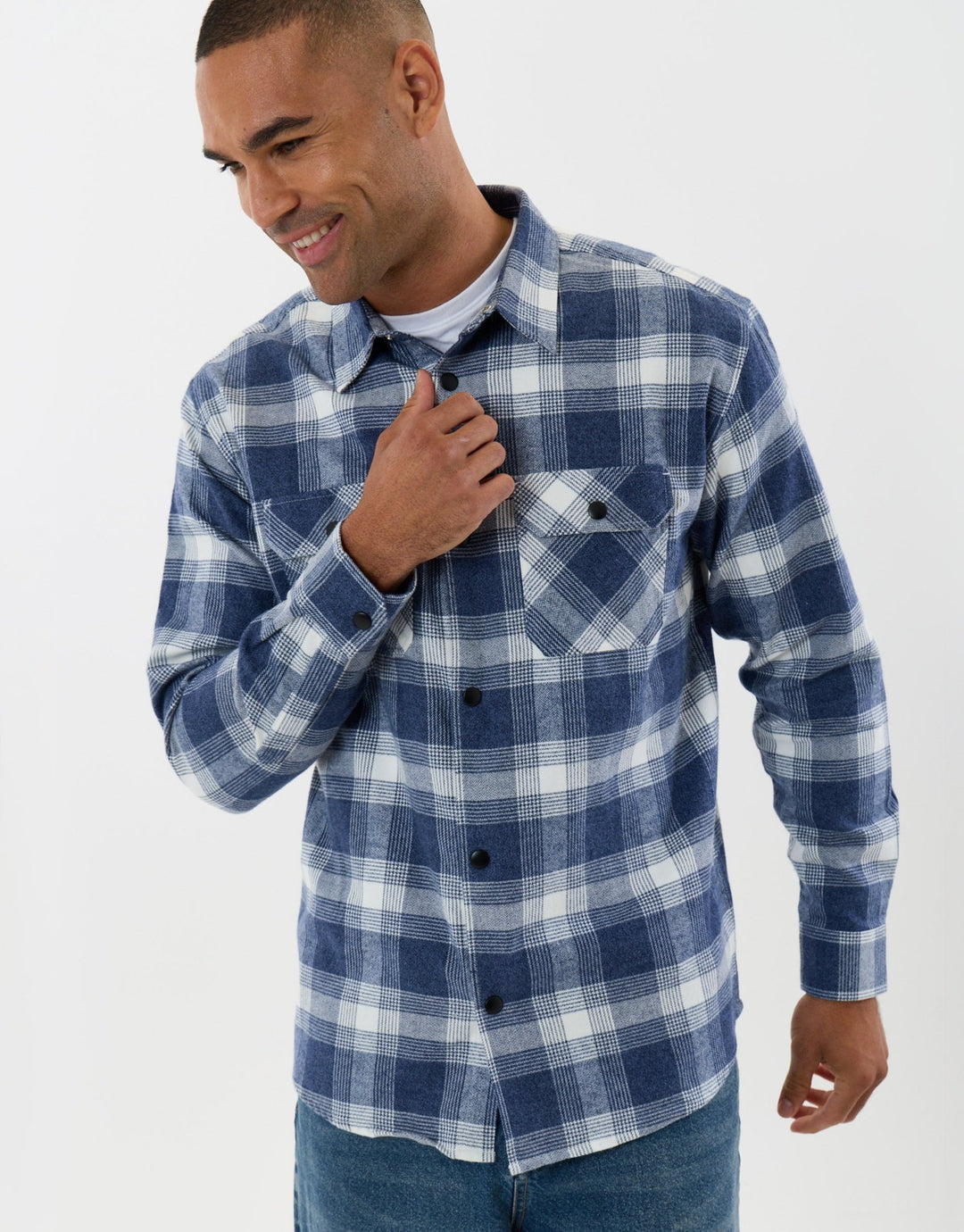 Threadbare Relaxed Fit Cotton Patch Pocket Shirt in Denim Blue Check - front view