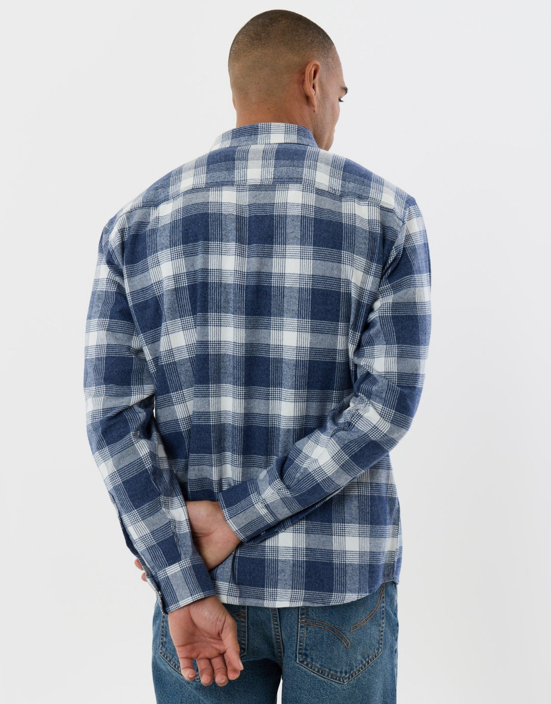 Threadbare Relaxed Fit Cotton Patch Pocket Shirt in Denim Blue Check - back view
