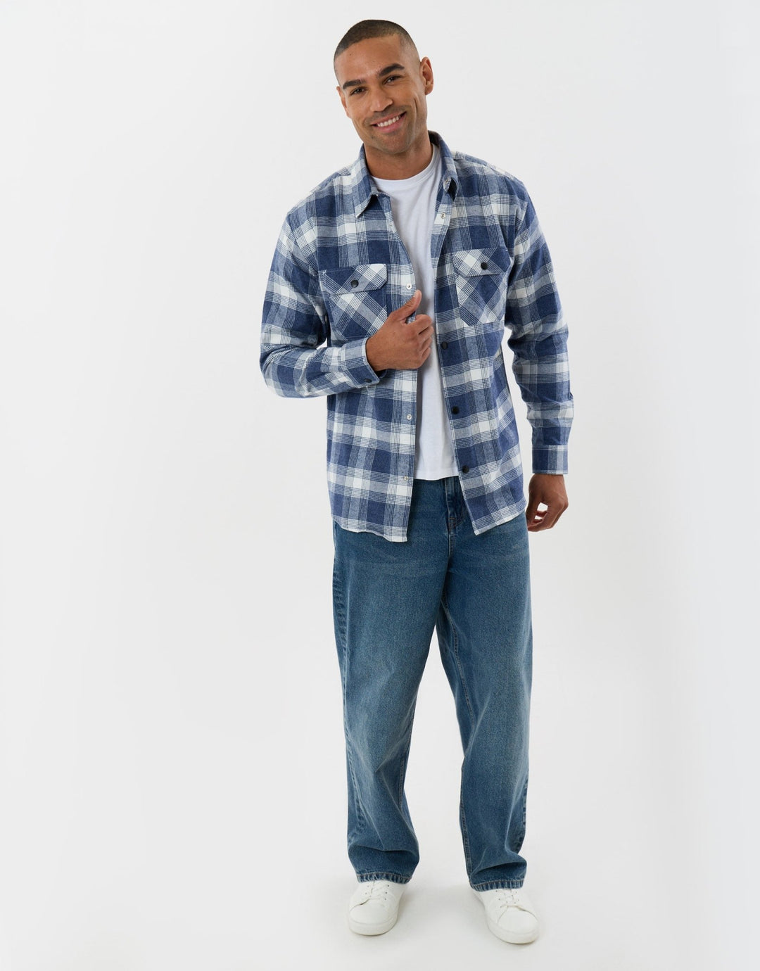 Threadbare Relaxed Fit Cotton Patch Pocket Shirt in Denim Blue Check - full body
