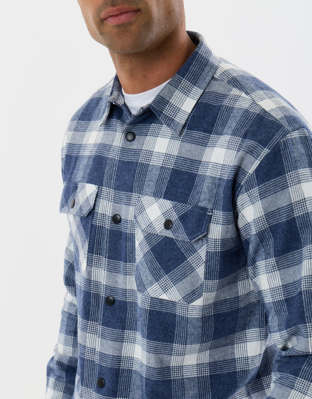 Threadbare Relaxed Fit Cotton Patch Pocket Shirt in Denim Blue Check - detail