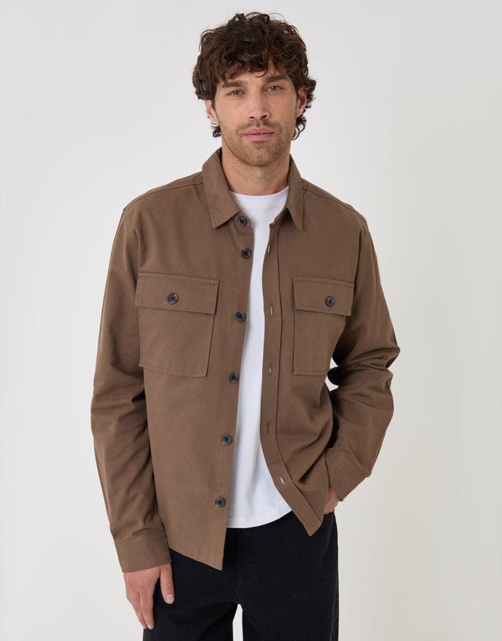 Threadbare Curved Hem Cotton Shacket in Brown - front view