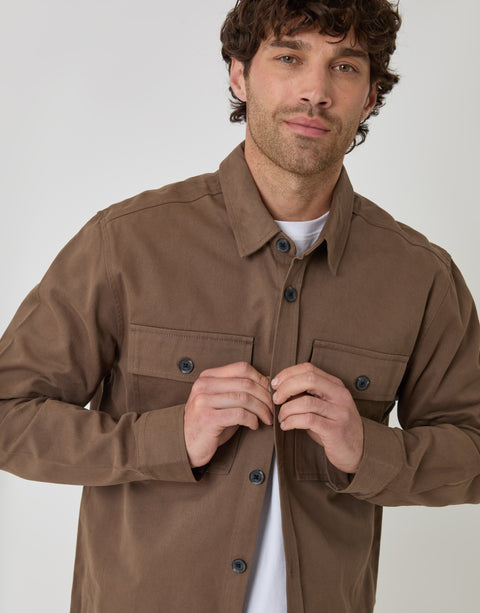 Threadbare Curved Hem Cotton Shacket in Brown - front button up