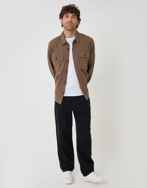 Threadbare Curved Hem Cotton Shacket in Brown - full body