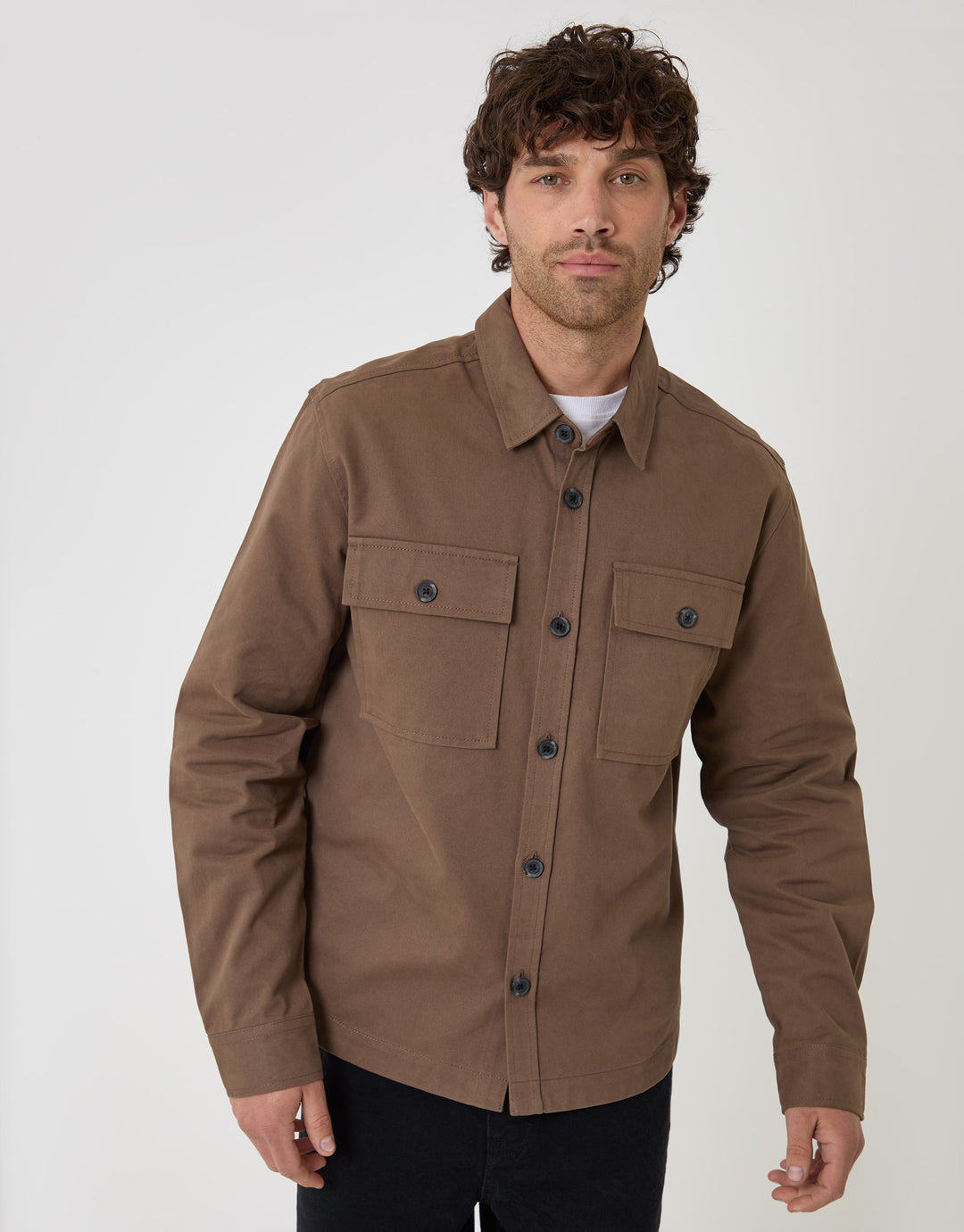 Threadbare Curved Hem Cotton Shacket in Brown - front view button up