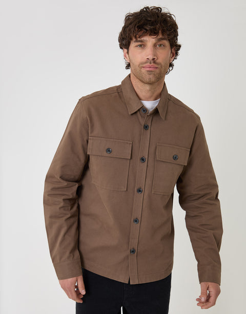 Threadbare Curved Hem Cotton Shacket in Brown - front view button up