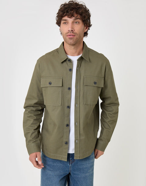 Threadbare Cotton Twill Shacket with Pockets in Olive Green - front view