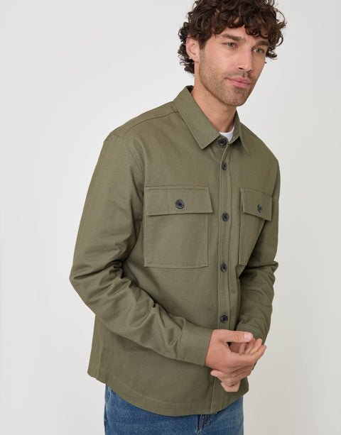 Threadbare Cotton Twill Shacket with Pockets in Olive Green - side view
