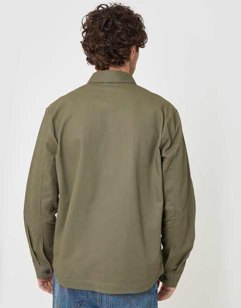 Threadbare Cotton Twill Shacket with Pockets in Olive Green - back view